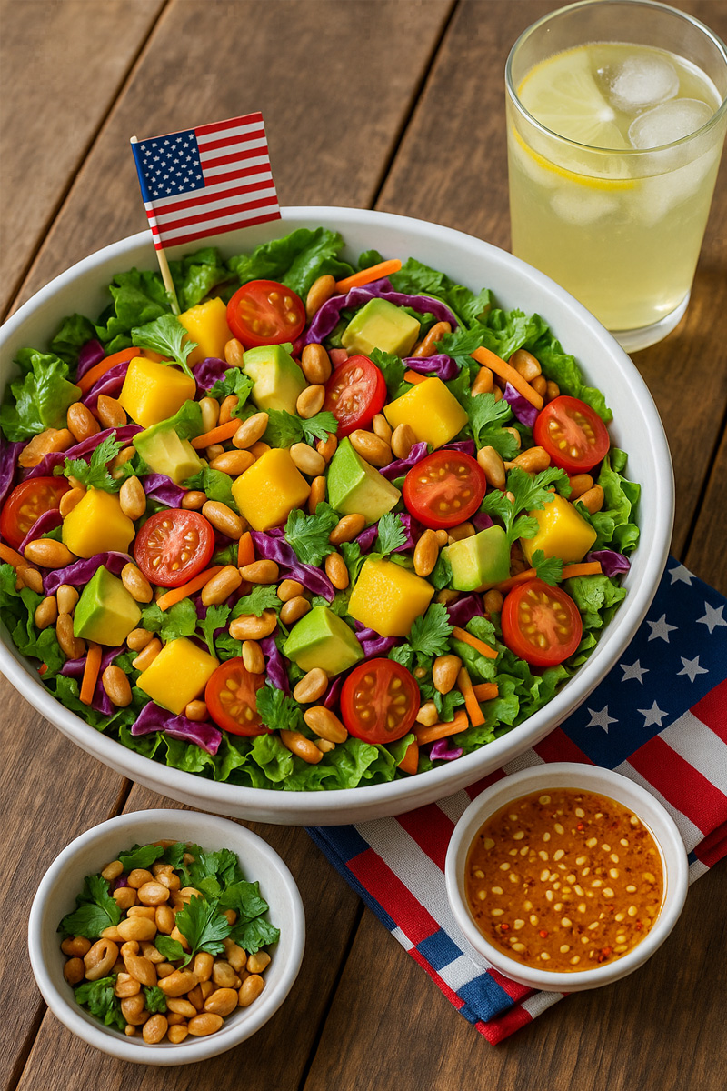 Mango avocado salad with cherry tomatoes, peanuts, and greens served for July 4th